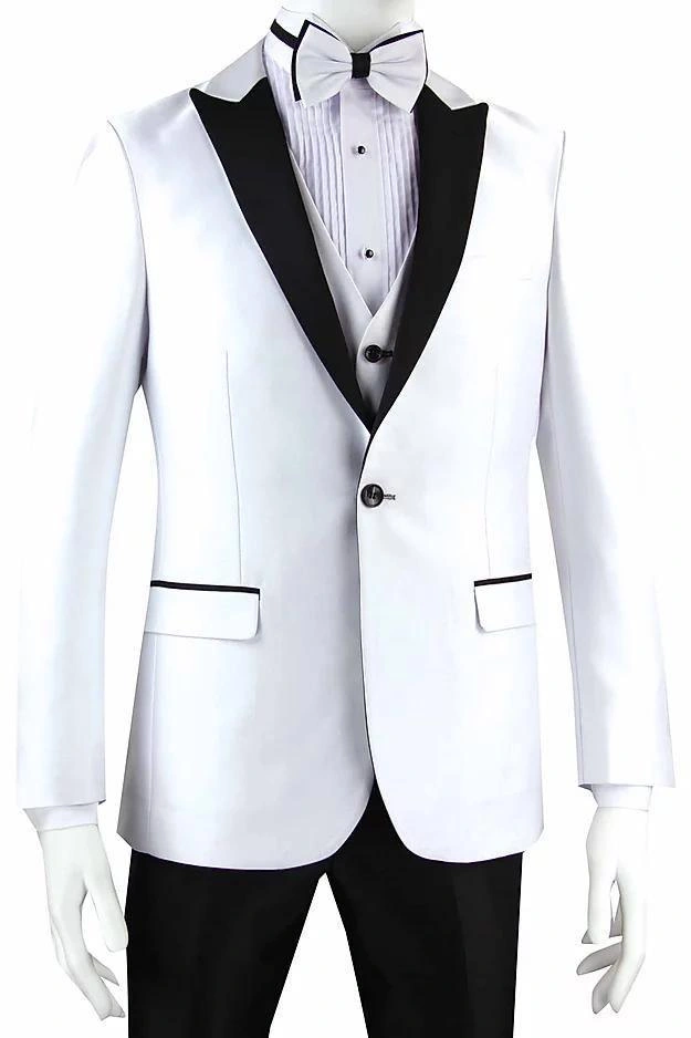 Sharp White Tuxedo Black Lapels and Pants Unforgettable Look Ready for Your Special Night!